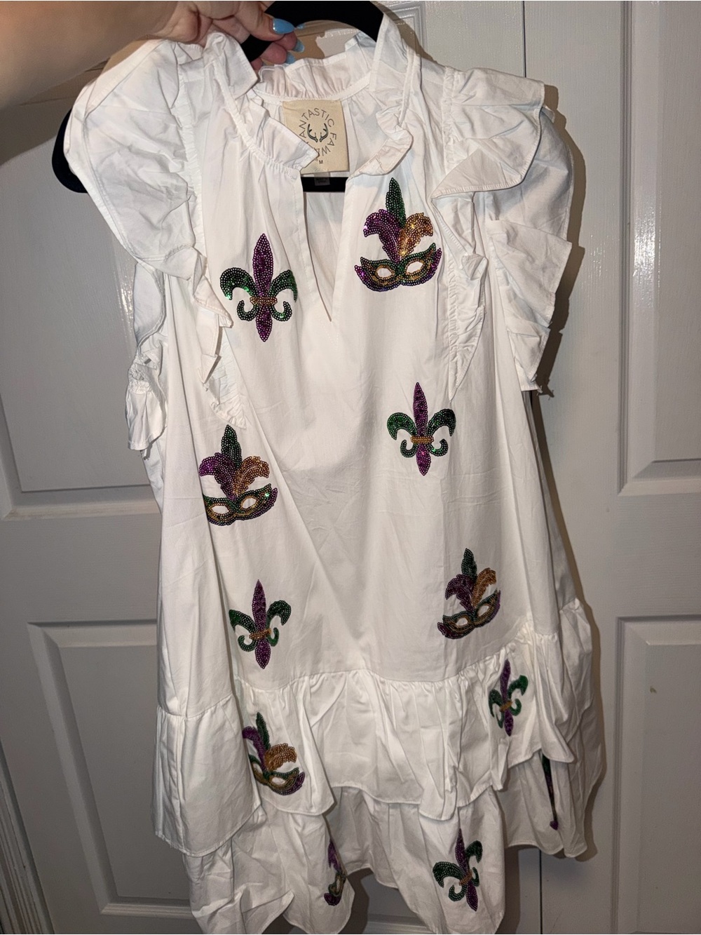 MARDI GRAS Fantastic Fawn White Ruffle Dress with Green, Purple & Gold Embroider